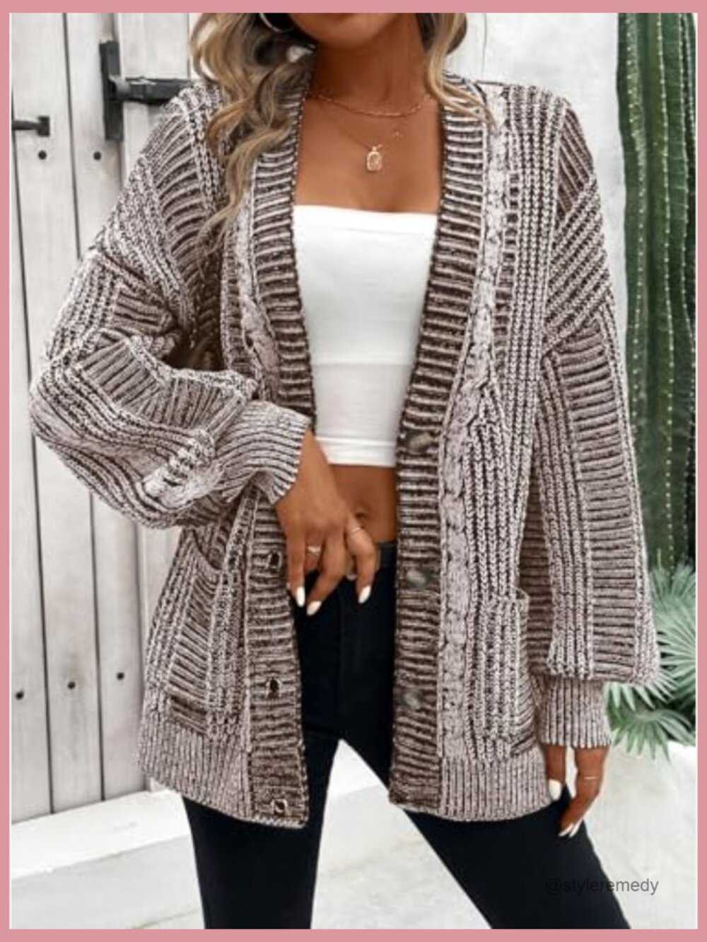 Oversized Cardigan Sweater Long Sleeve Cable Knit Outerwear Coat with Pockets - Picture 4 of 7